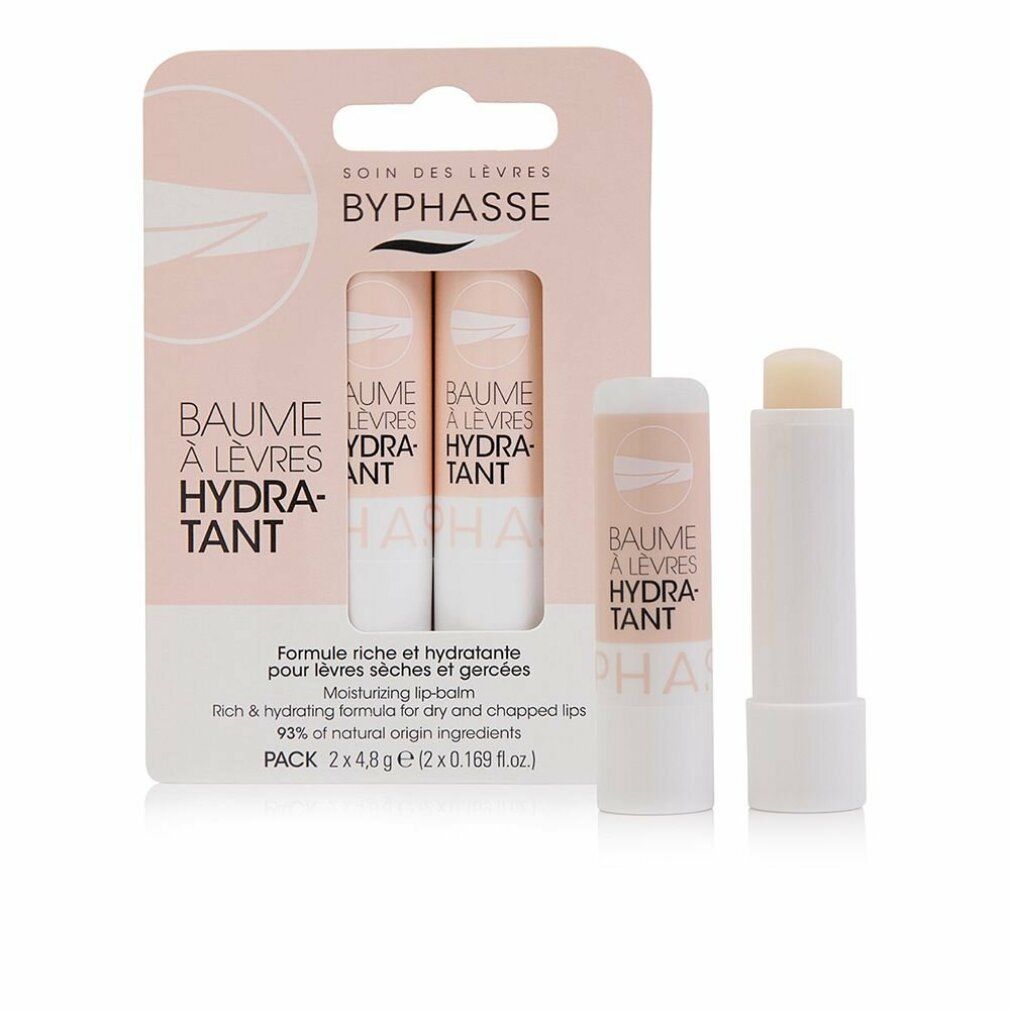 Zwei Lippenbalsam-Stifte in Blisterverpackung und ein einzelner Stift. Aufdruck: BYPHASSE, BAUME À LÈVRES HYDRATANT. Formel für trockene Lippen. 93% natürliche Inhaltsstoffe.