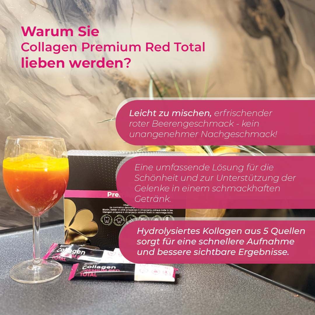 Glas mit Flüssigkeit, Biostile Collagen Premium Red Total Schachtel und Sticks. Text.