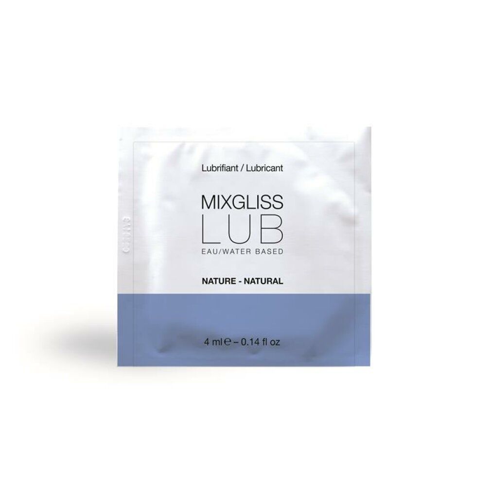 Einzelpackung Gleitgel. Weißer Beutel mit blauem Streifen und Produktbezeichnung. Aufschrift: MIXGLISS LUB, eau/water based, nature - natural.