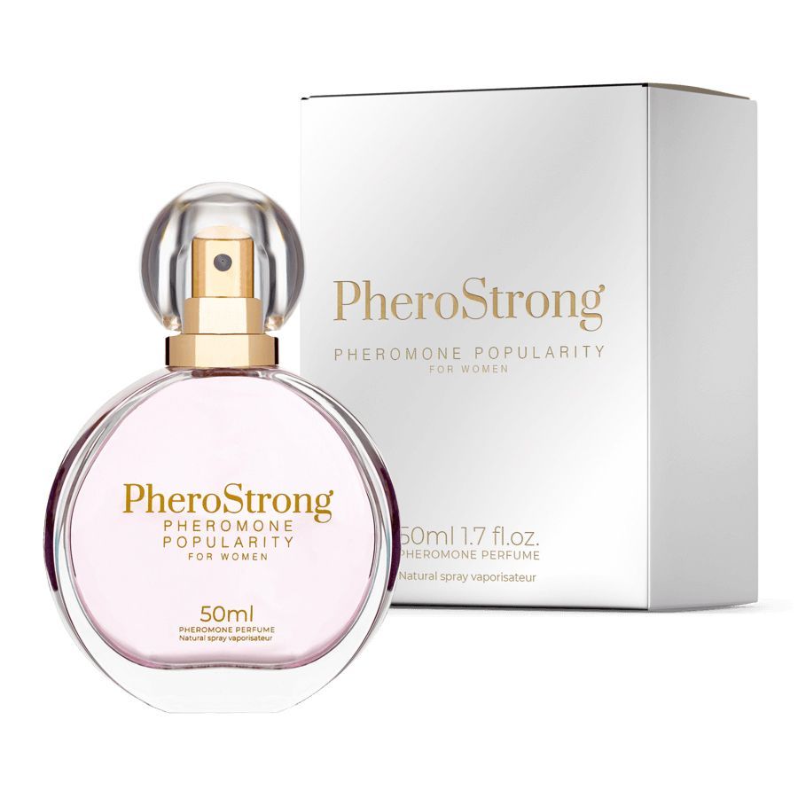 PheroStrong Parfümflakon und Verpackung. 50ml Flakon mit goldenem Sprühkopf und runder Kappe. Weiße Box mit Produktnamen.