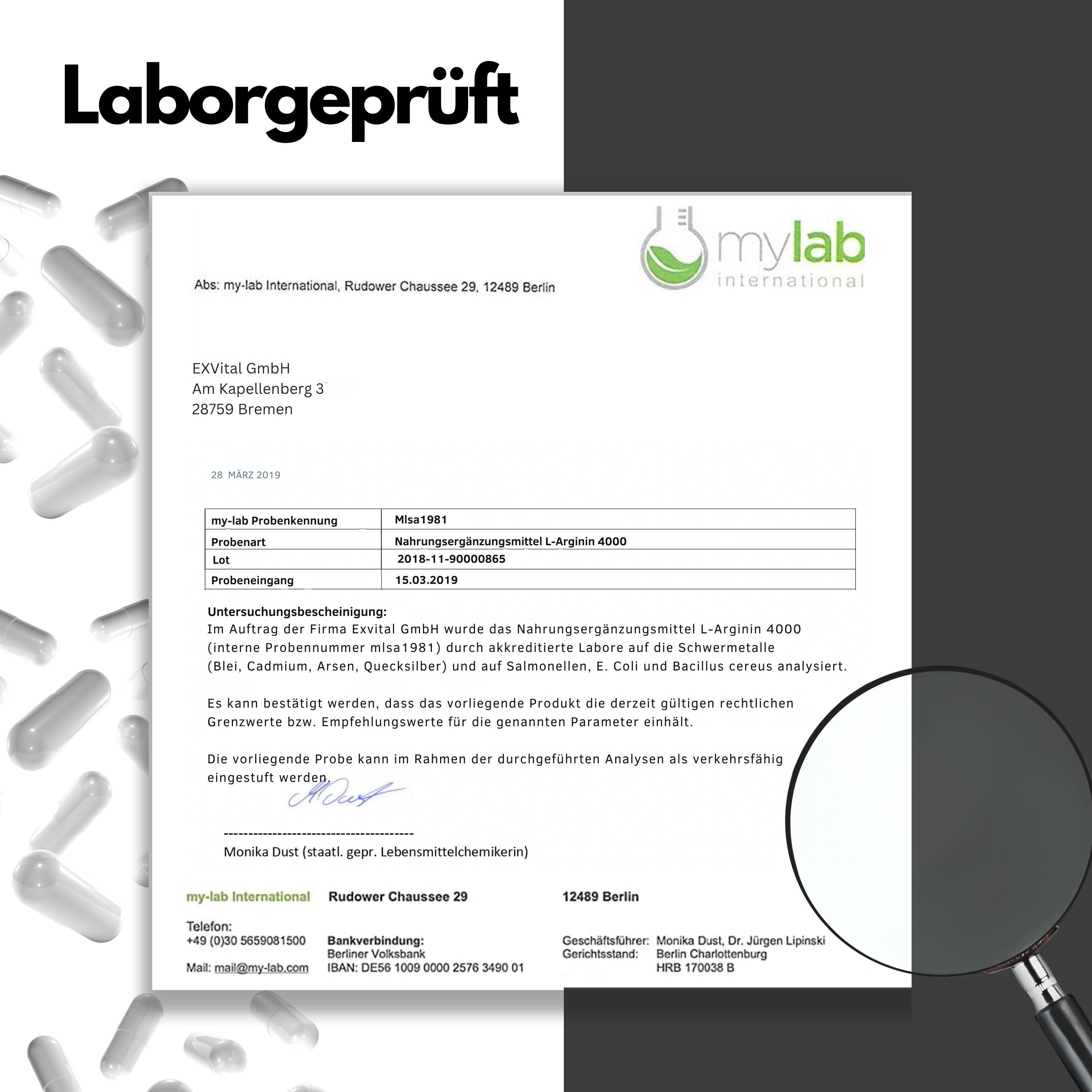 Laborgeprüftes Dokument mit Zertifikat von mylab international. L-Arginin 4000, Chargennummer, Analyseergebnisse.
