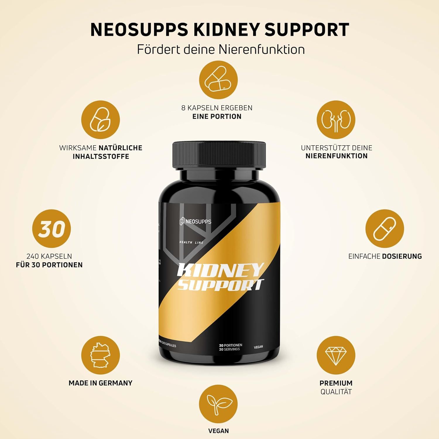 Schwarze Flasche mit gelbem Etikett. Aufschrift: Kidney Support, Neosupps. 240 Kapseln. 30 Portionen. Vegan. 8 Kapseln pro Portion.
