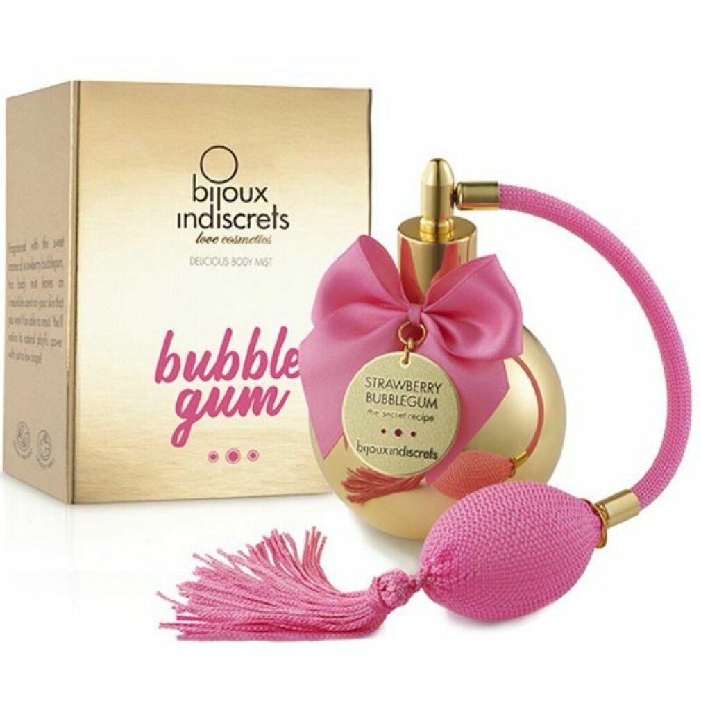 Goldene Sprühflasche mit rosa Schleife und Quaste, daneben goldene Verpackung mit Aufschrift 'bubble gum'.