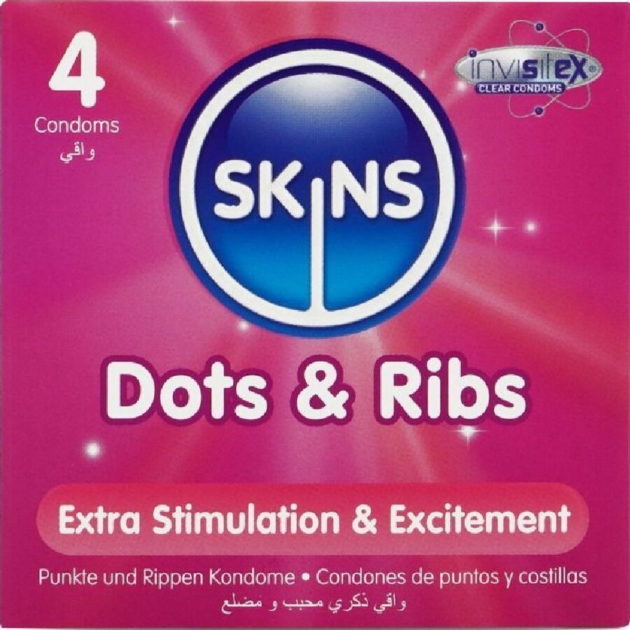 Verpackung mit vier Kondomen. Marke: Skins. Produktbezeichnung: Dots & Ribs. Text: Extra Stimulation & Excitement.