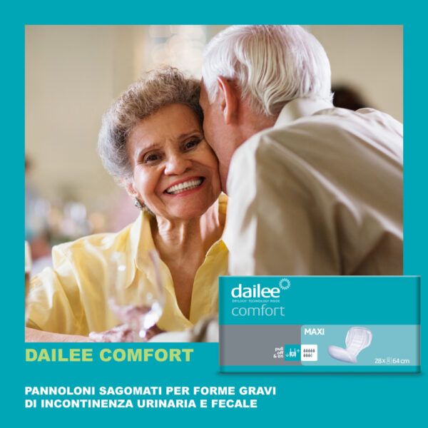Verpackung von Dailee Comfort Maxi Pannoloni. Abgebildet: älteres Paar. Text: Pannoloni für schwere Inkontinenz.