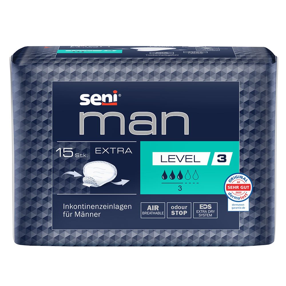 Seni Man Extra Level 3 Inkontinenzeinlagen für Männer, 15 Stück. Luftdurchlässig, Geruchsstopper, EDS Extra Dry System.