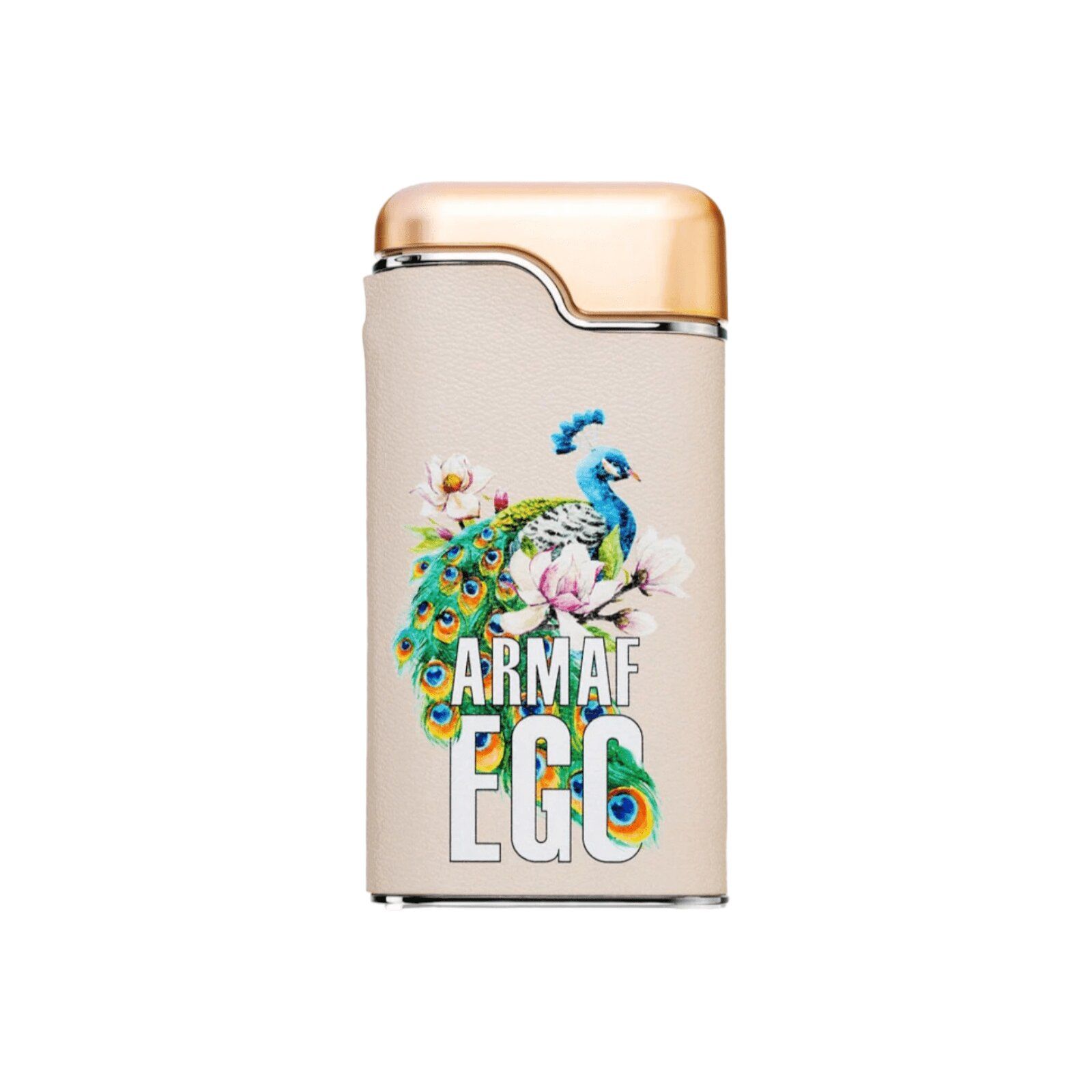 Beige Parfumflakon mit goldenem Deckel. Pfau-Illustration mit Logo und Text.