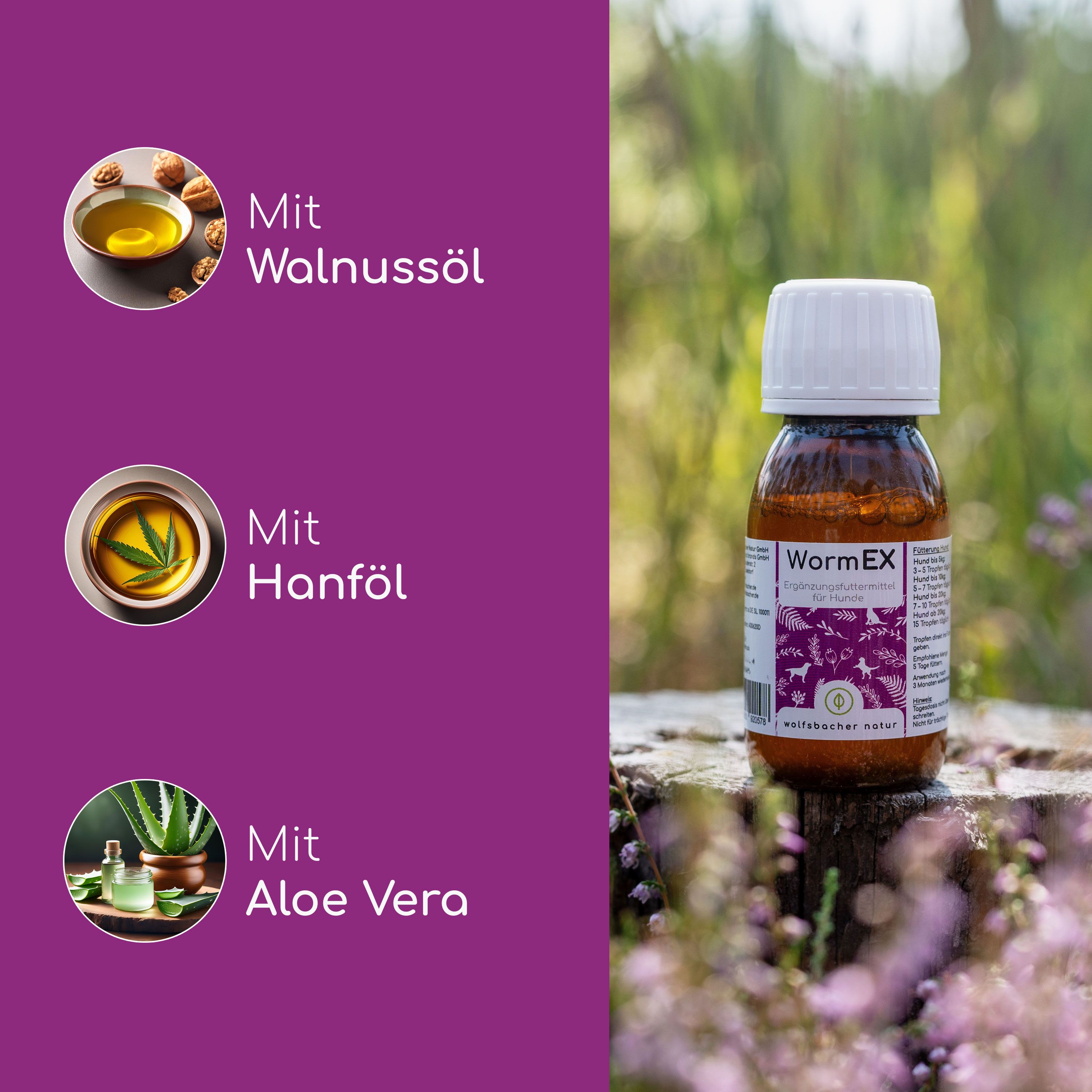 Flasche WormEx neben Abbildungen von Walnussöl, Hanföl und Aloe Vera. Text: wolfsbacher natur.