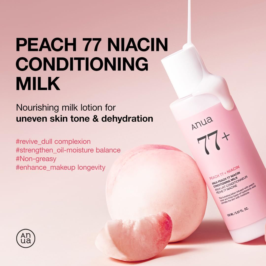 Rosa Flasche mit "Anua 77+" und Pfirsich. Text: "Peach 77 Niacin Conditioning Milk".