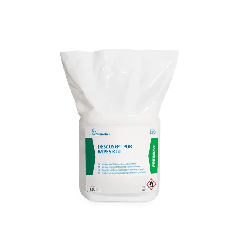 Weiße Verpackung mit grünen und blauen Etiketten. Aufschrift: Descosept Pur Wipes RTU. 120 Tücher. Warnhinweis: Entzündlich.