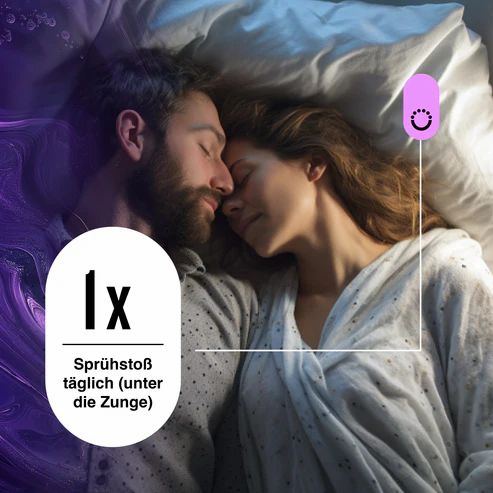 Paar im Bett. Text: 1x Sprühstoß täglich (unter die Zunge).