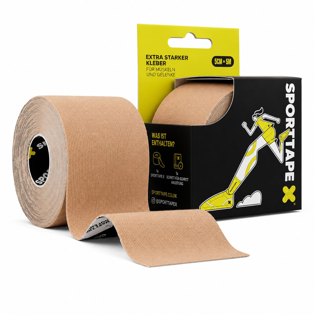 Kinesio-Tape Rolle in Beige, verpackt in einer schwarzen Box mit gelben Akzenten und Anleitung.