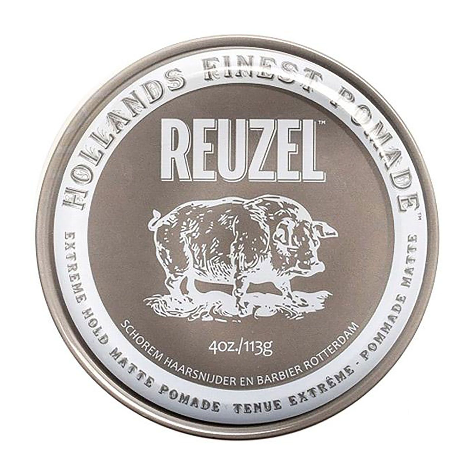 Reuzel Extreme Hold Matte Pomade Dose, Ansicht von oben, mit Schwein-Logo und Text.