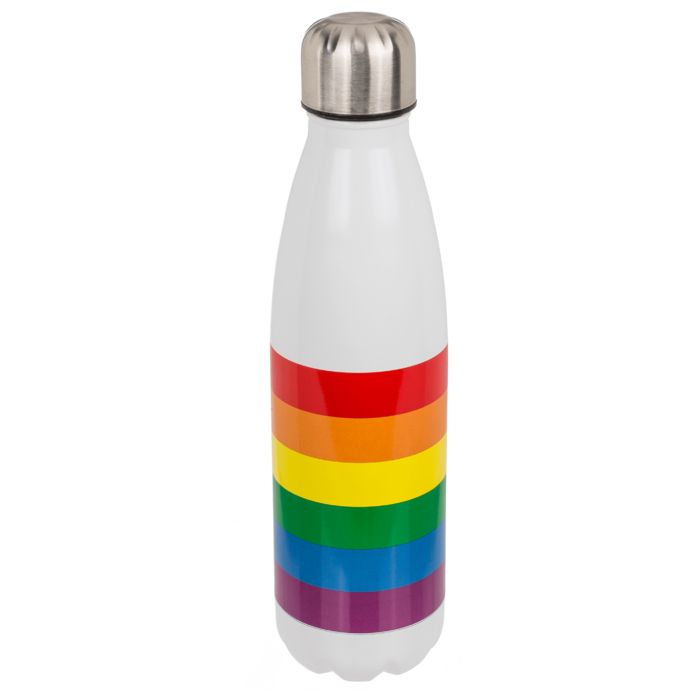 Weiße Metall-Trinkflasche mit Regenbogenstreifen. Silberner Deckel. Geschwungene Form.