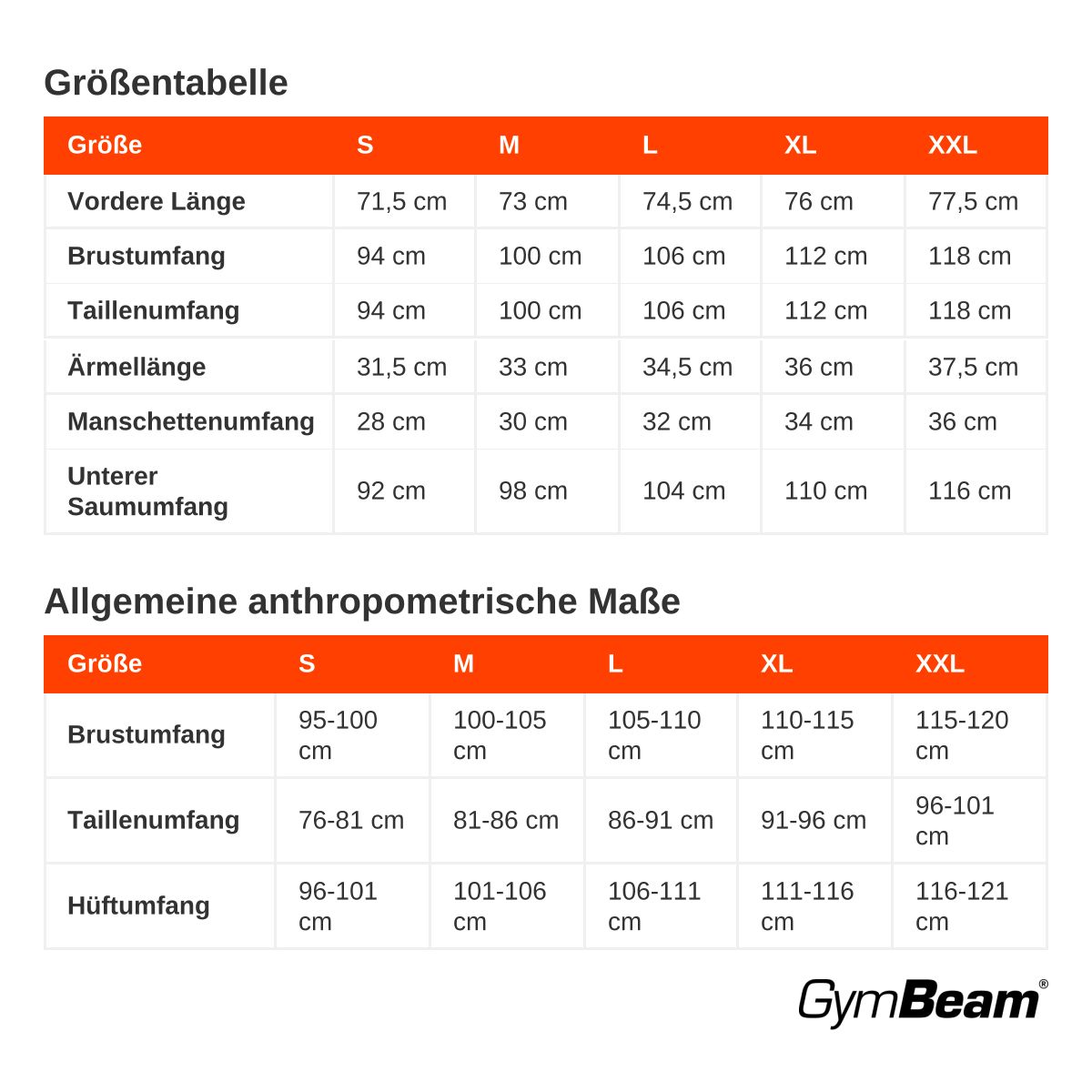 Größentabelle für Männer-Laufshirts in verschiedenen Größen.