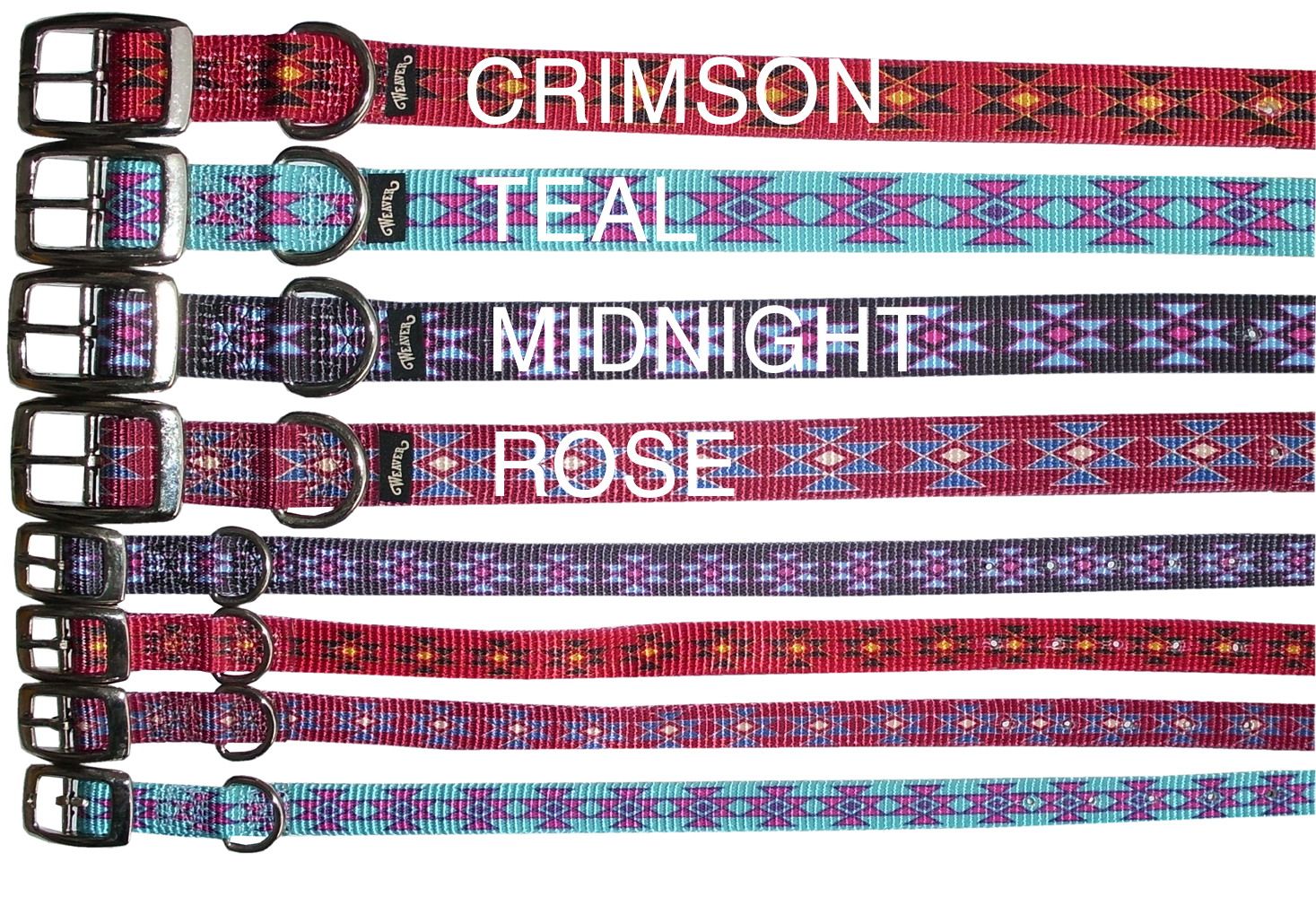 Hundehalsbänder in verschiedenen Farben. Text: CRIMSON, TEAL, MIDNIGHT, ROSE. Metallverschlüsse.