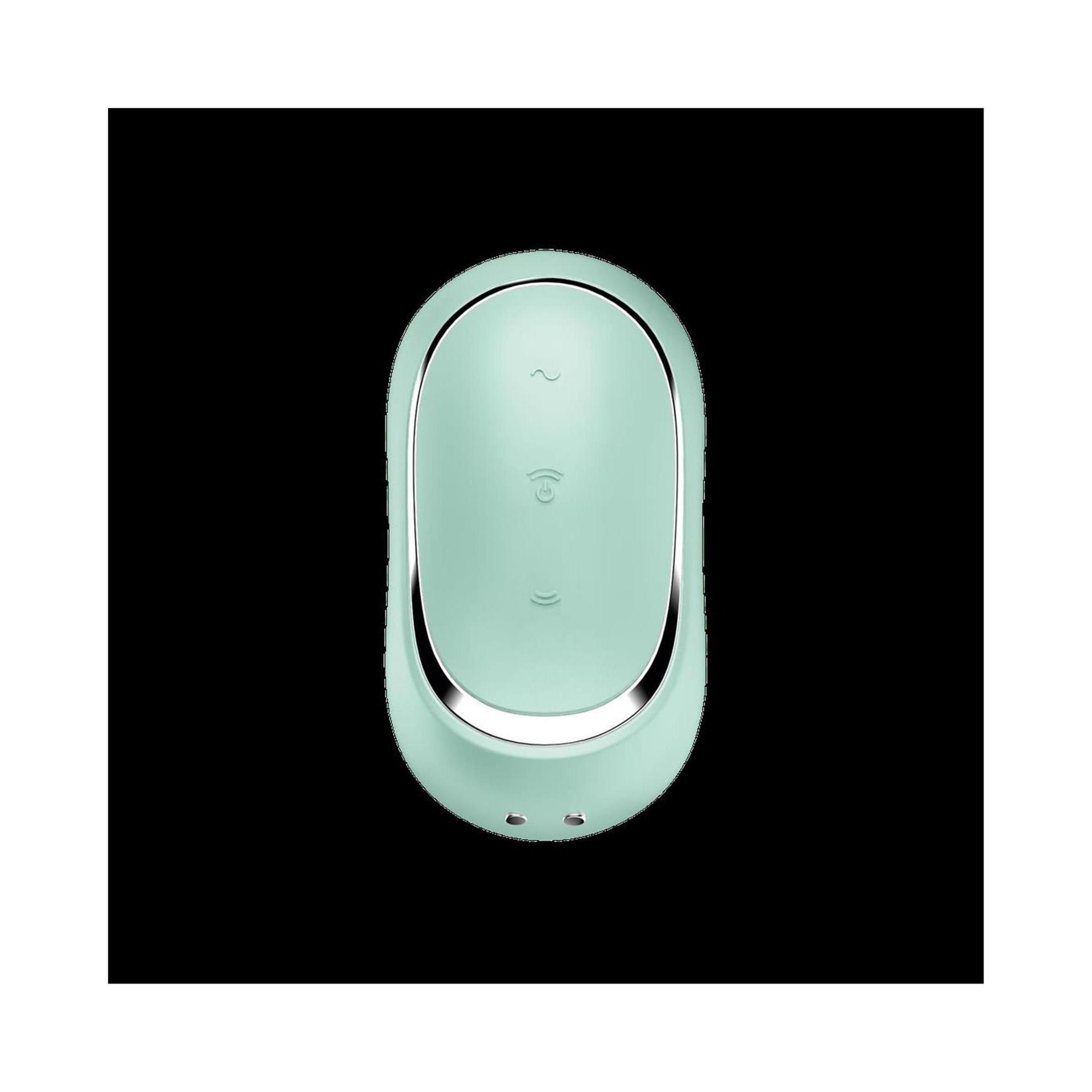 Mintfarbener, ovaler Vibrator mit silberner Umrandung und drei Symbolen. Das Produkt hat eine Öffnung.