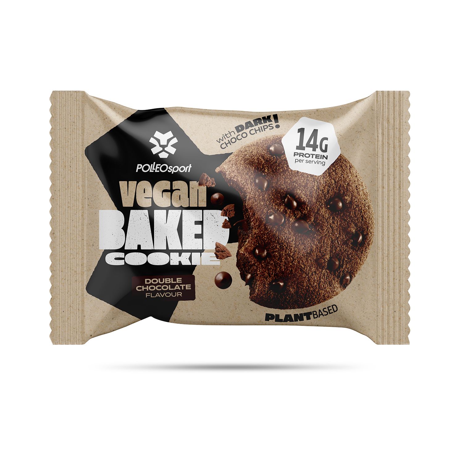 Verpackung eines veganen Doppelschokoladen-Kekses mit 14g Protein pro Portion und dunklen Schokostückchen.