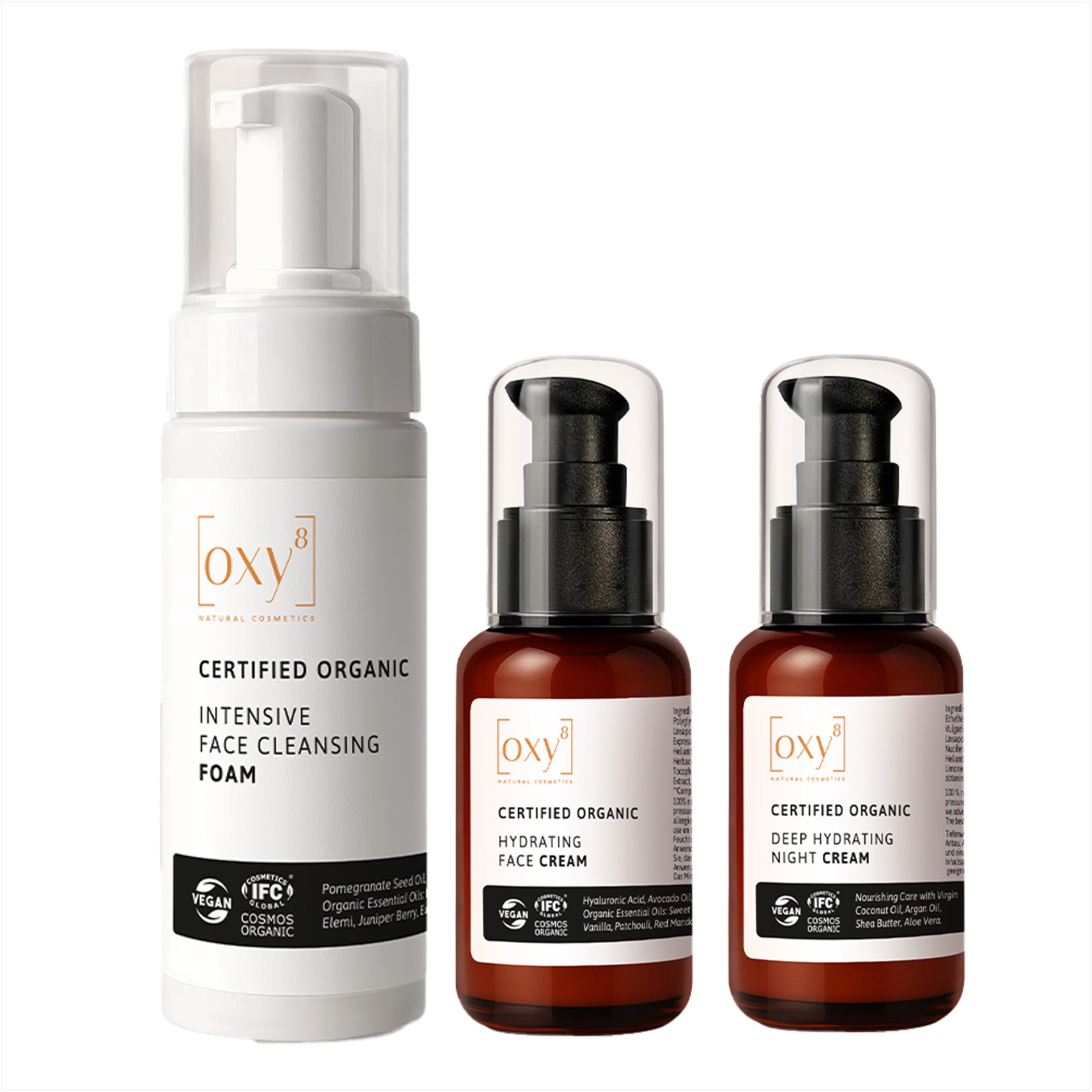 Drei OXY8 Naturkosmetik Tiegel: Reinigungsschaum, Tages- und Nachtcreme.