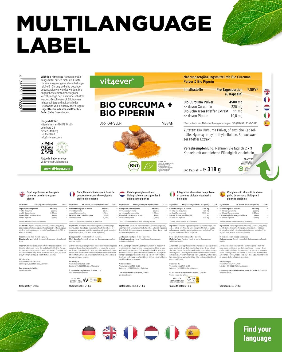 Vit4ever Bio Curcuma + Bio Piperin Dose mit mehrsprachigem Etikett und Siegeln.