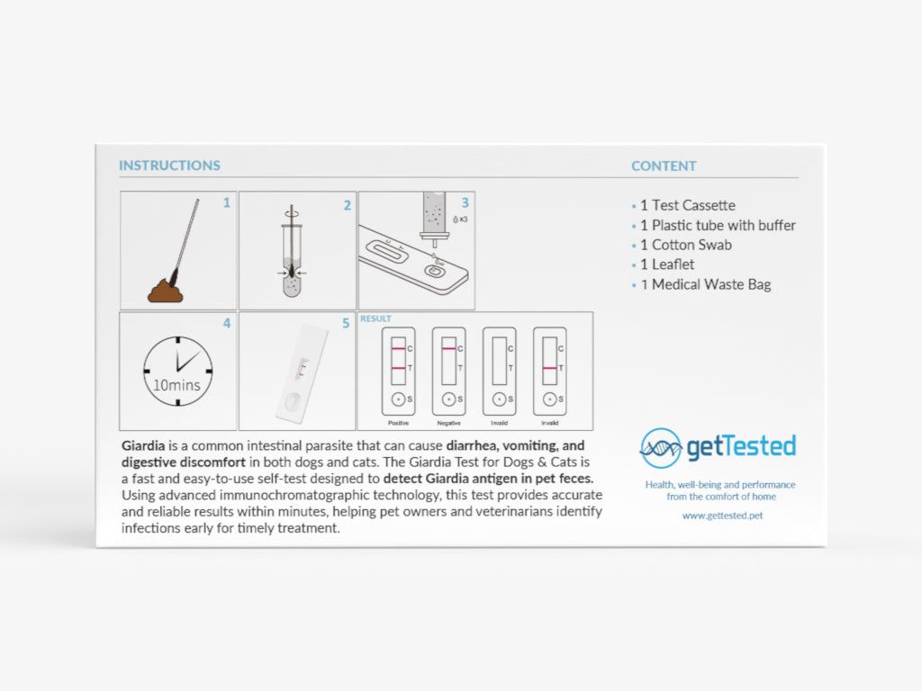 Verpackung mit Abbildungen und Text. Enthält Testkassette, Röhrchen, Wattestäbchen, Beipackzettel und medizinischen Abfallbeutel.