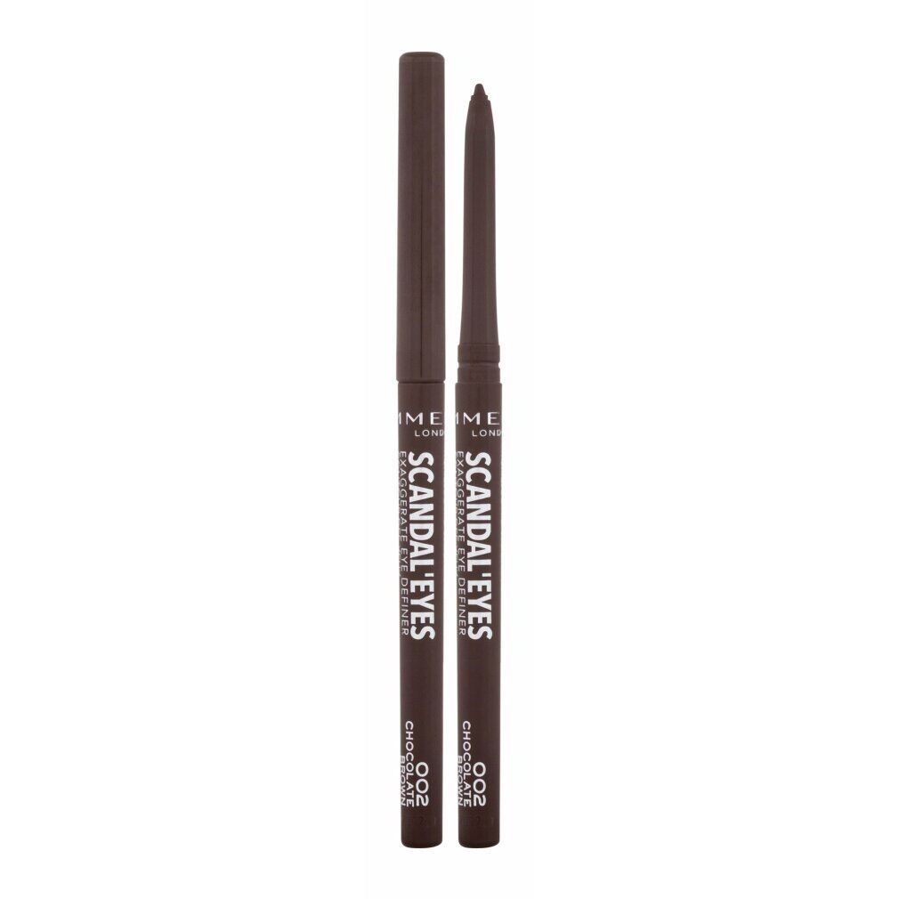 Zwei braune Eyeliner mit abgenommenen Deckeln. Auf den Stiften steht "SCANDAL EYES" und "CHOCOLATE BROWN".