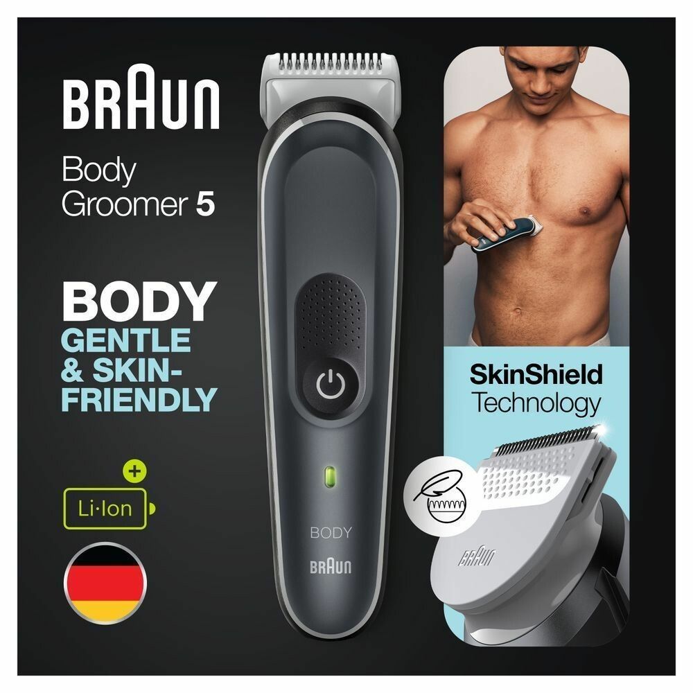 Braun BodyGroomer 5, schwarz-grau. Produktabbildung mit Text. Enthält Zubehör. SkinShield-Technologie. Li-Ion-Akku.