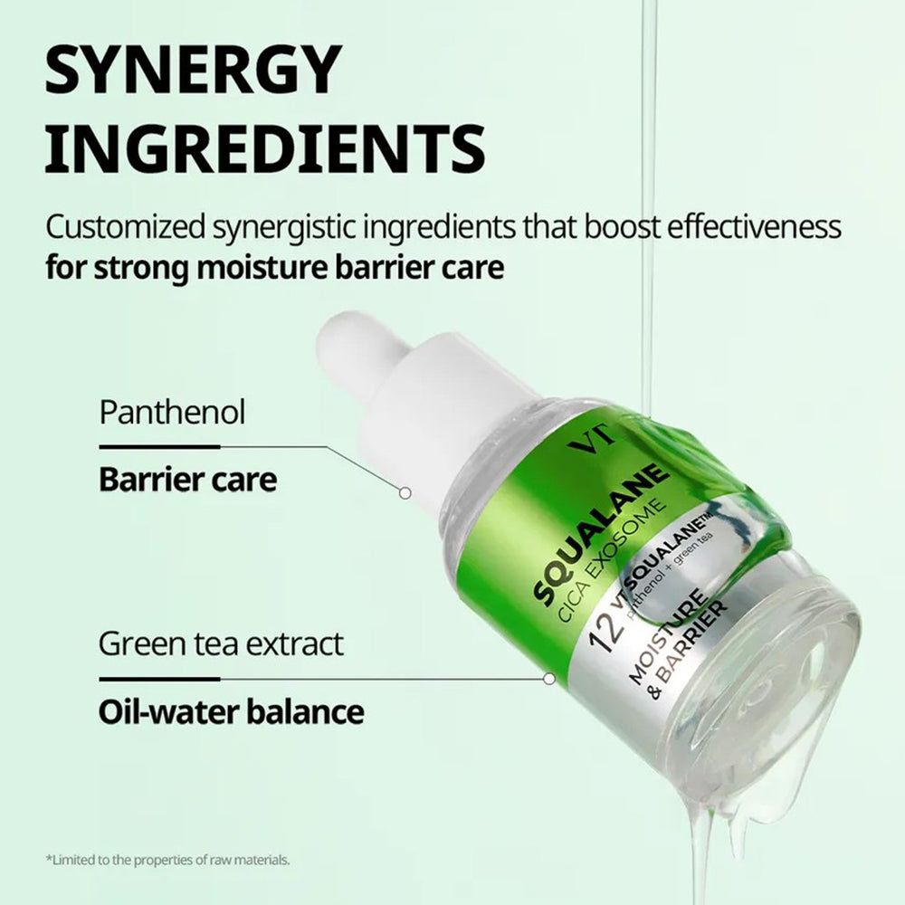Produktflasche mit Pipette. Aufschrift: Squalane Cica Exosome. Text: Synergy Ingredients, Panthenol, Barrier care, Green tea extract, Oil-water balance.