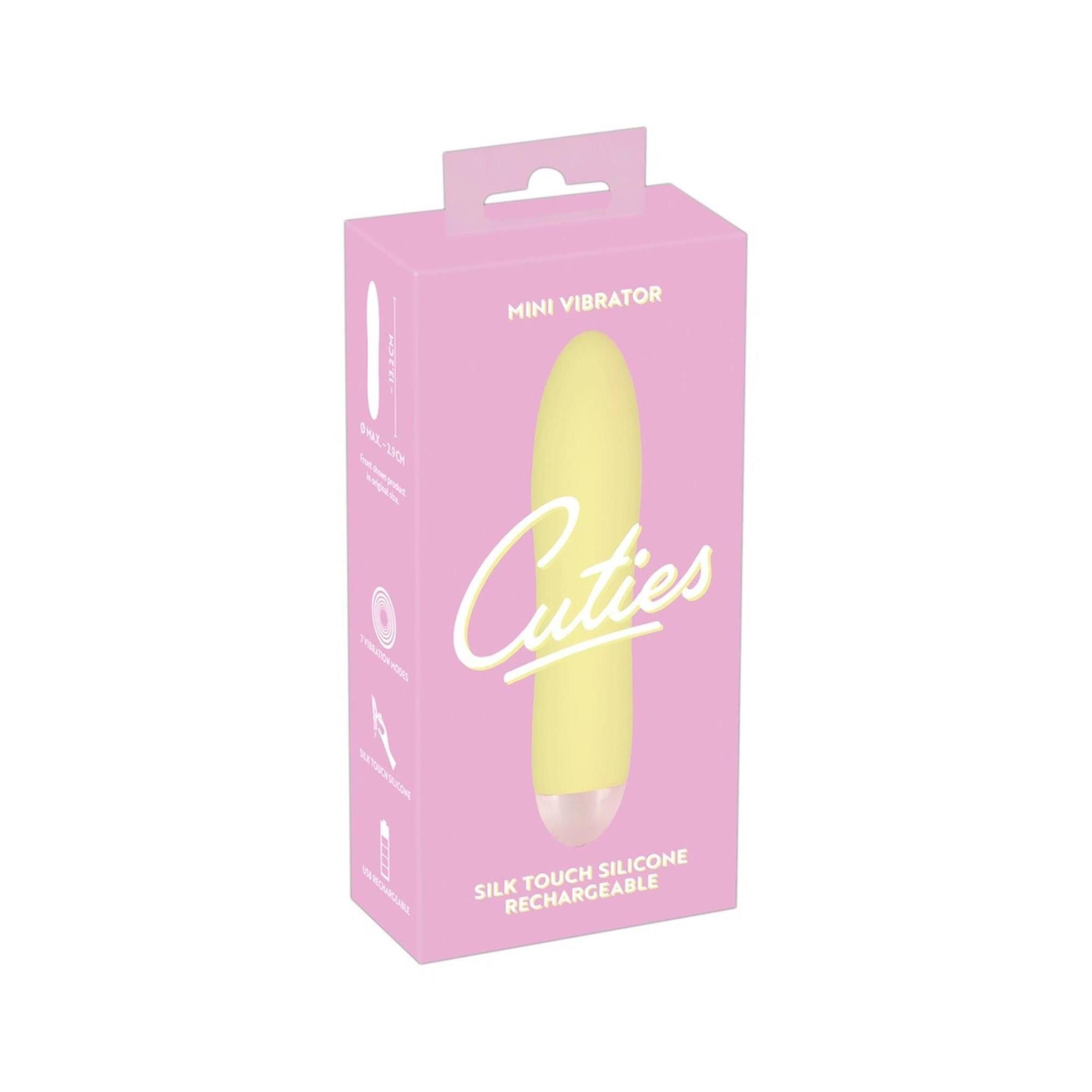 Rosa Verpackung mit gelbem Vibrator. Aufschrift 'Cuties'.