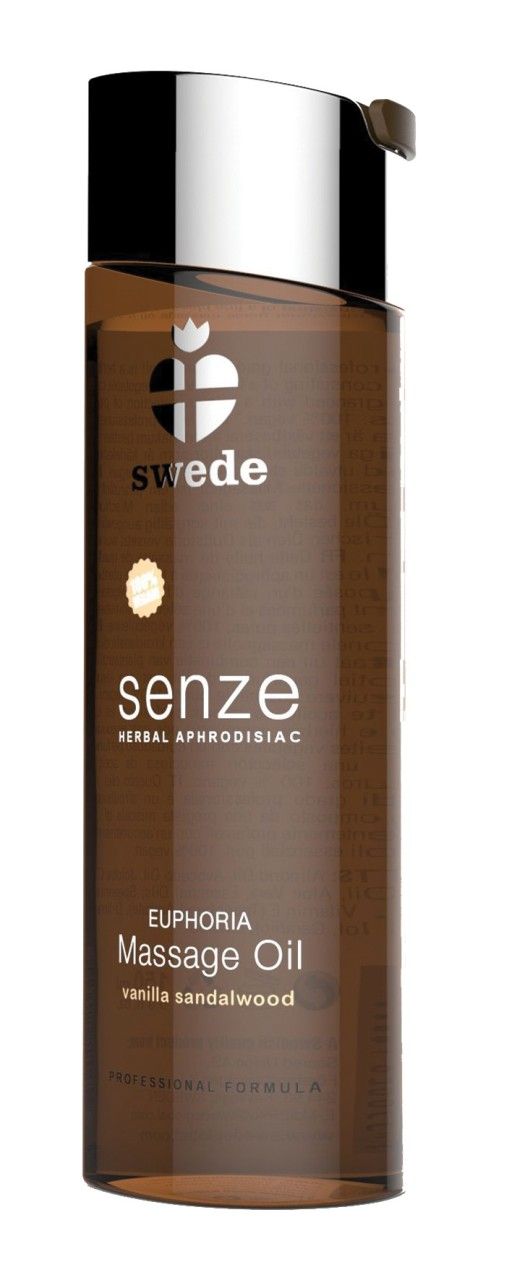 Braune Flasche mit silbernem Deckel. Beschriftung: Swede, senze, Euphoria Massage Oil, vanilla sandalwood.