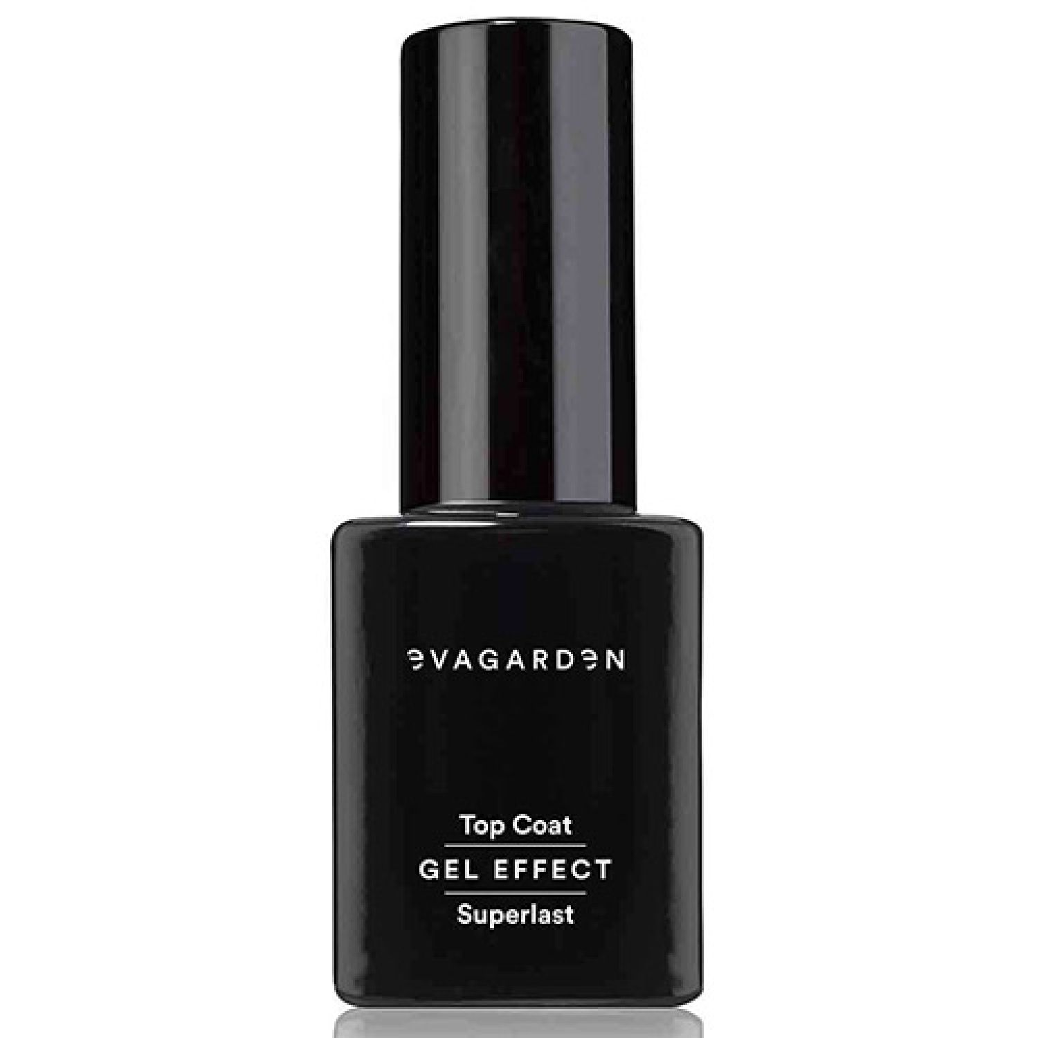 Schwarze Flasche mit schwarzem Deckel. Aufschrift: Eva Garden, Top Coat, Gel Effect, Superlast.