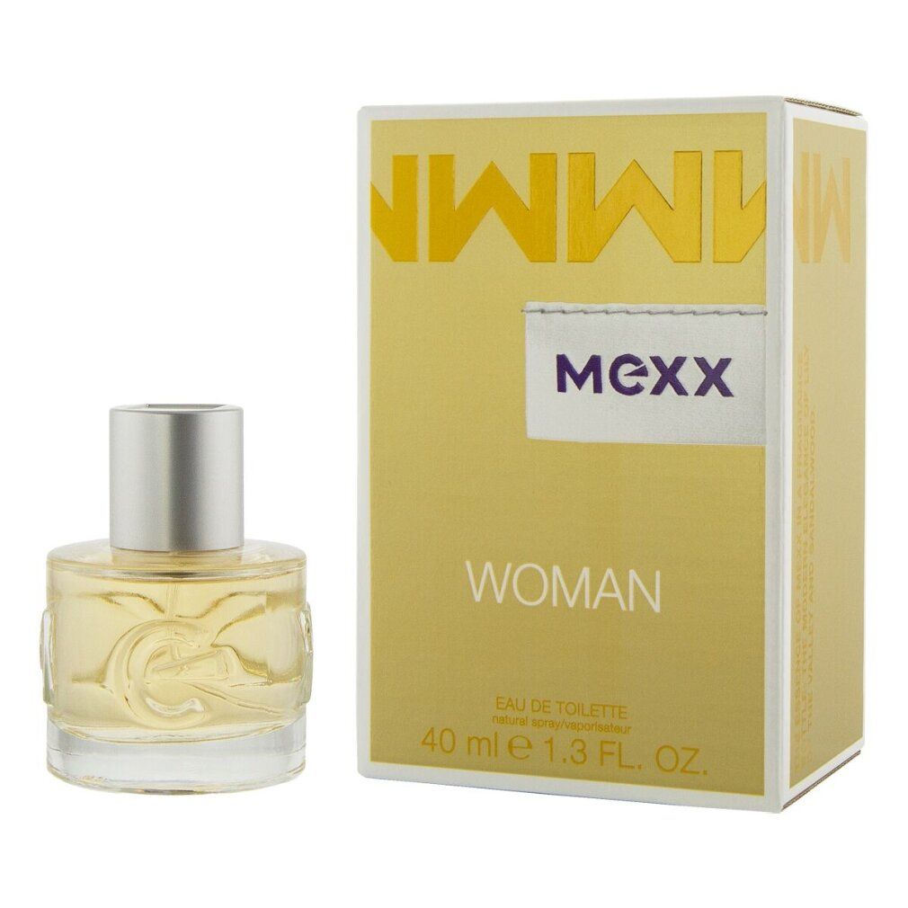 Parfümflasche und Karton. Flasche mit silbernem Deckel, Schriftzug "M" auf der Vorderseite. Karton mit "Mexx Woman"-Logo.