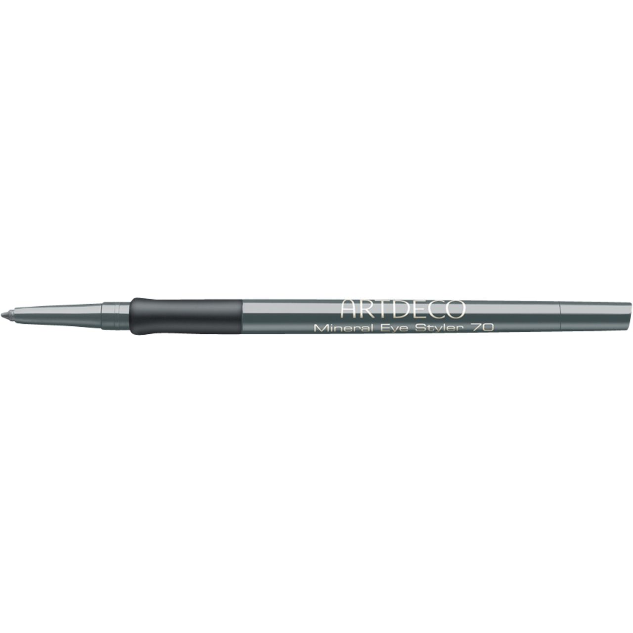 Artdeco Mineral Eye Styler. Grauer Stift mit schwarzem Griff. Spitze nach links gerichtet. Produktname und Marke auf dem Stift.