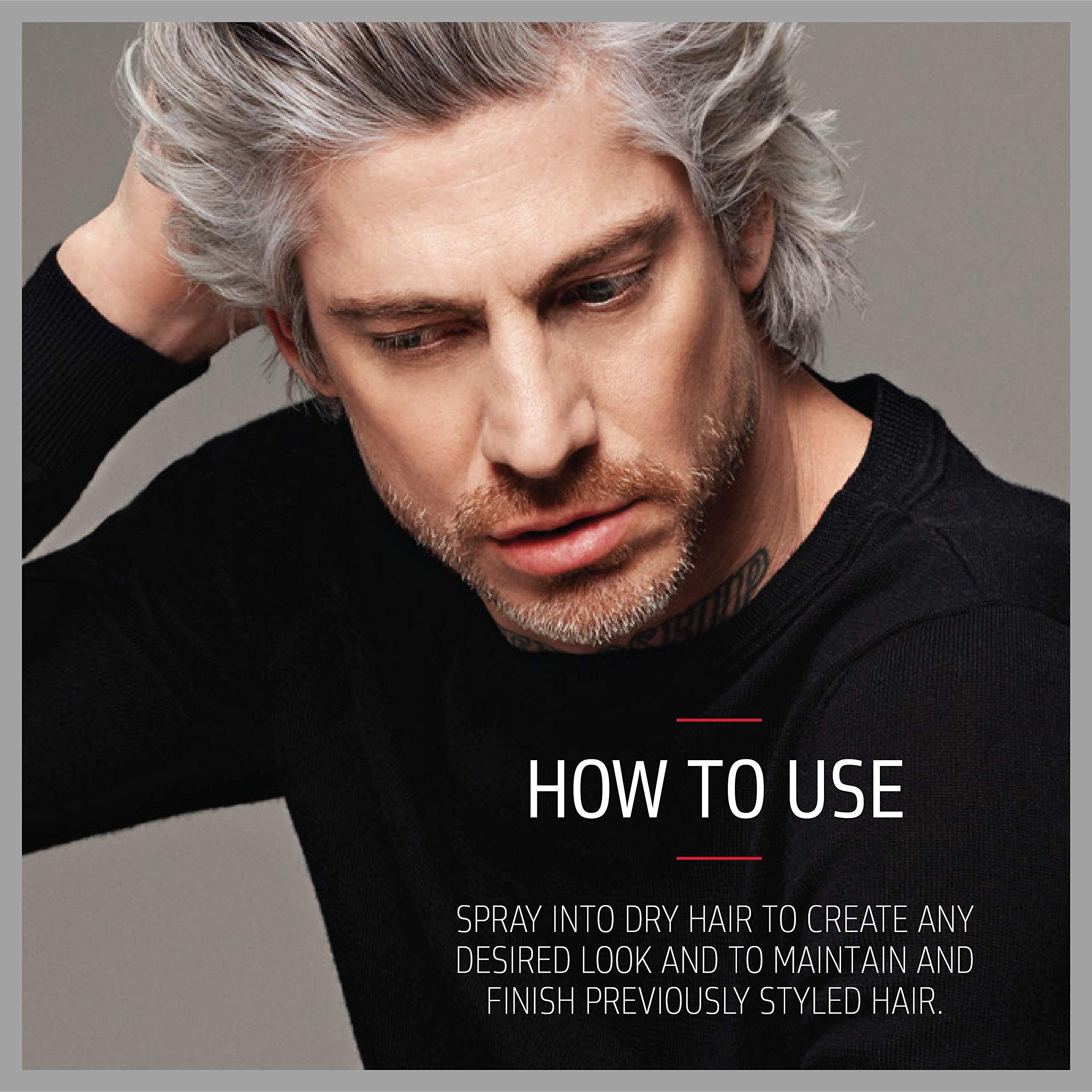 Mann mit grauem Haar, der Anweisungen zur Anwendung eines Haarsprays liest. Text: 'HOW TO USE'.