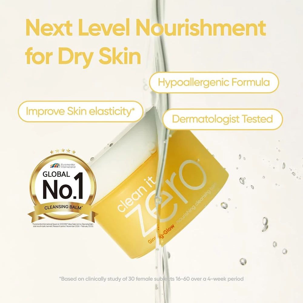 Gelber Tiegel mit clean it zero. Text: Next Level Nourishment for Dry Skin. Dermatologisch getestet. Global No.1 Cleansing Balm.