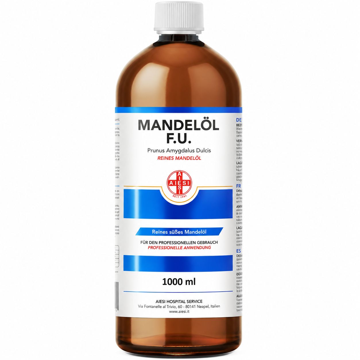 Flasche Mandelöl F.U. 1000ml mit Etikett und Schraubverschluss.