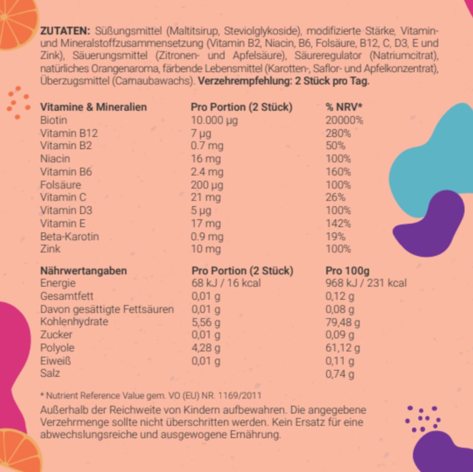 Nährwerttabelle auf orangefarbenem Hintergrund. Enthält Informationen zu Vitaminen, Mineralien und Nährwerten. Text in deutscher Sprache.