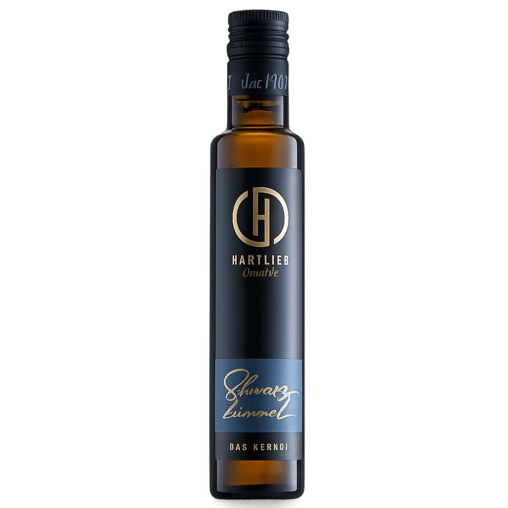 Braune Glasflasche mit schwarzem Deckel. Etikett mit Logo und Schriftzug 'Hartlieb'. Schwarzkümmelöl.