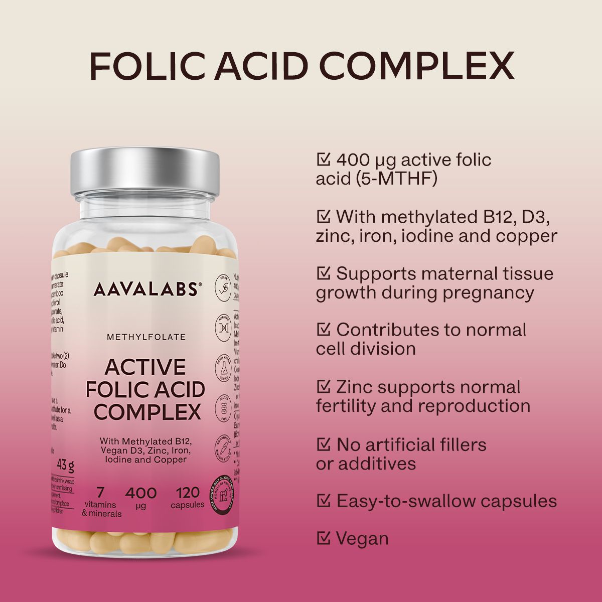 Aavalabs Active Folic Acid Complex. Flasche mit Kapseln. Enthält 120 Kapseln. Aufschrift: 400 μg Folsäure. Vegan.