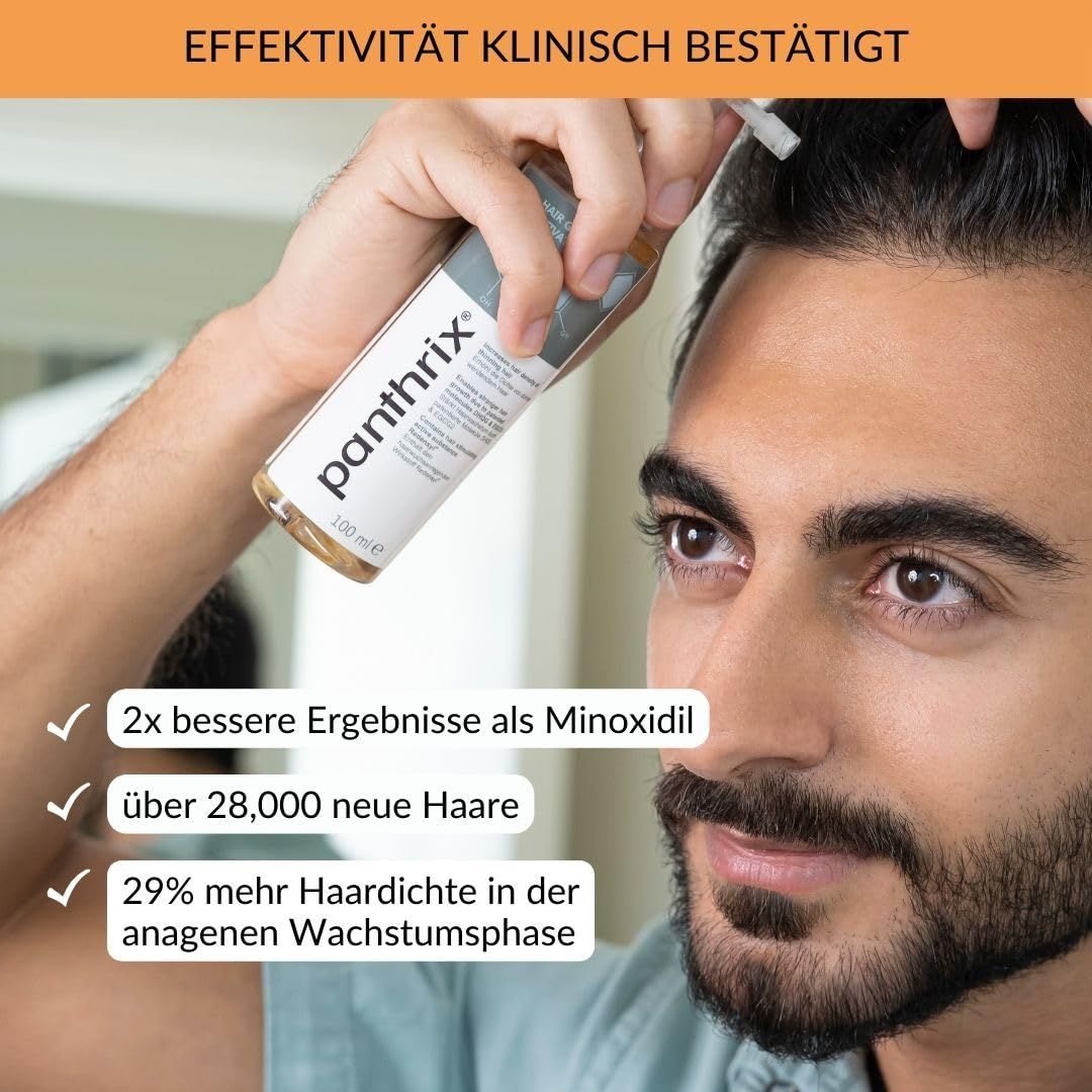 Mann hält Produktflasche. Text: 2x bessere Ergebnisse als Minoxidil, über 28.000 neue Haare, 29% mehr Haardichte.
