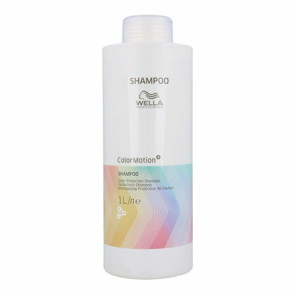 Weißes Shampoo mit farbigem Streifen. Schriftzug: Shampoo, Wella, ColorMotion. Farbverlauf. 1L.