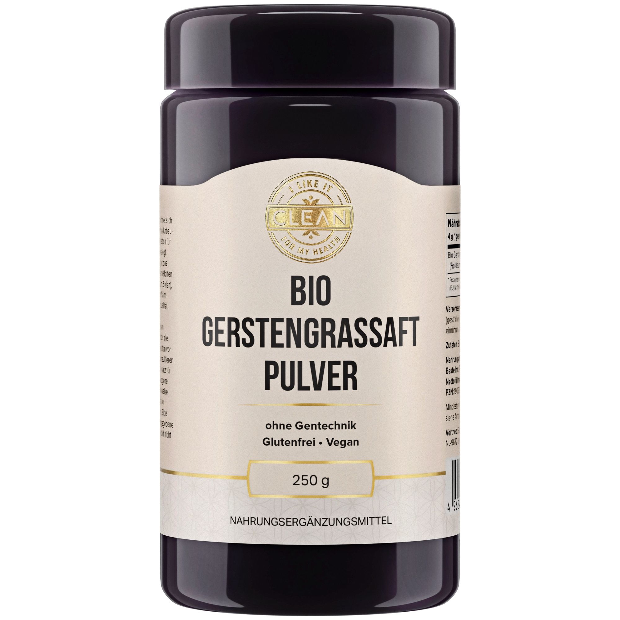 Dunkle Dose mit Aufschrift BIO Gerstengrassaft Pulver, 250g. Siegel: I LIKE IT CLEAN, ohne Gentechnik, glutenfrei, vegan.