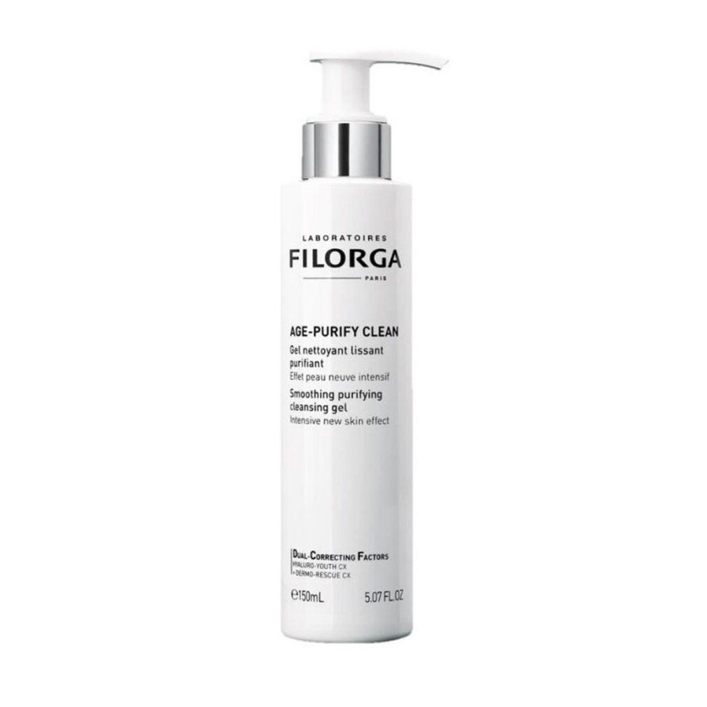 Filorga Age-Purify Clean, weiße Flasche mit Pumpe. Text: Age-Purify Clean, reinigendes Gel. 150ml. Laboratoires Filorga Paris.