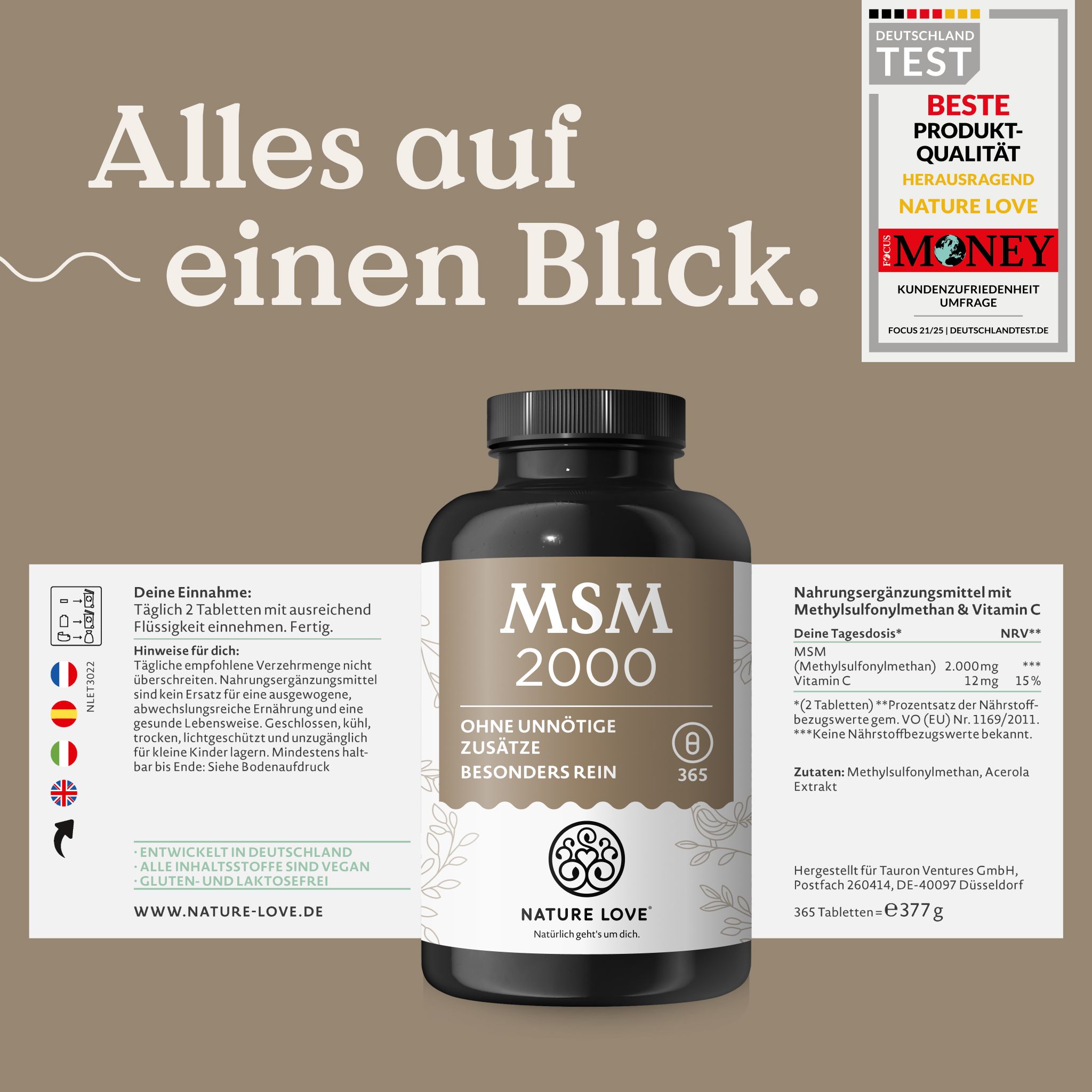 Flasche mit MSM 2000 Tabletten, ohne unnötige Zusätze, besonders rein. Mit Vitamin C.