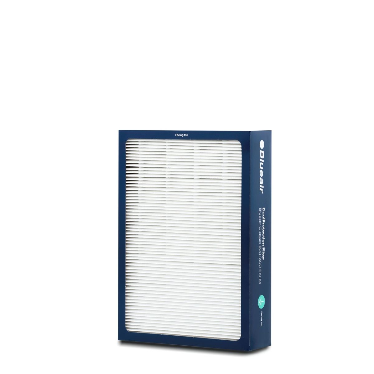 Ersatzfilter für Blueair Classic 500/600. Rechteckiger Filter mit weißem Filtermedium in blauem Rahmen. Marke Blueair.