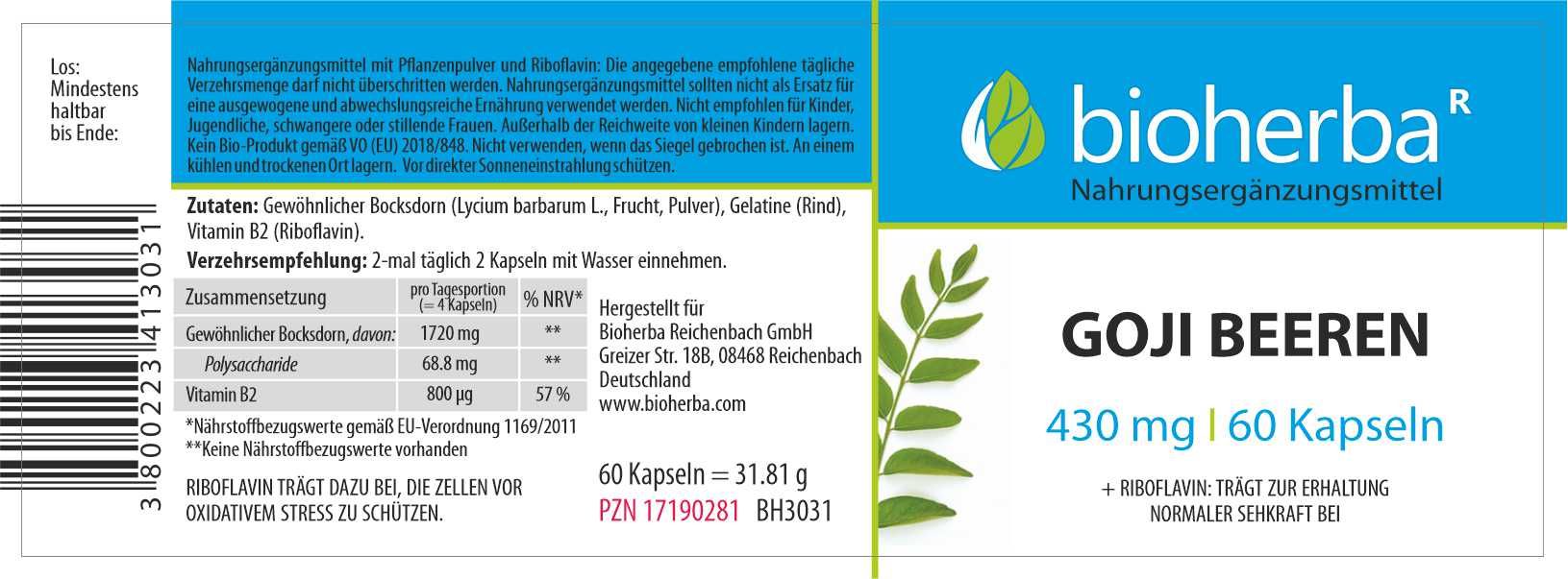 Etikett mit Produktnamen, Inhaltsangaben und Bioherba Logo. Enthält Informationen zu Inhaltsstoffen und Dosierung.