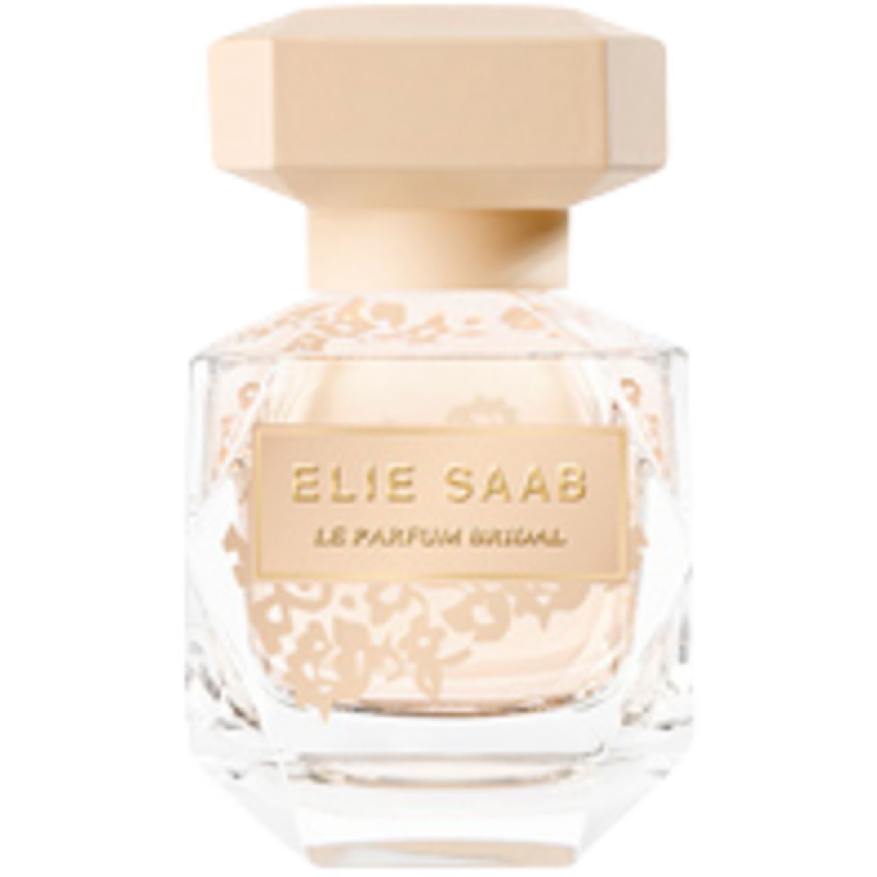 Glasflakon mit beigem Deckel. Aufschrift: Elie Saab, Le Parfum Bridal. Floral-Dekor auf dem Flakon.