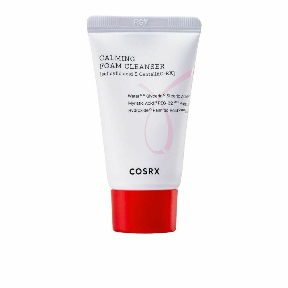 Weiße Tube mit rotem Deckel. Aufschrift: CALMING FOAM CLEANSER, Inhaltsstoffe. Marke: COSRX.