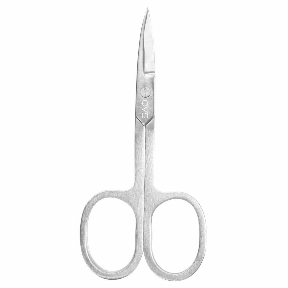 Nagelschere aus Metall. Abgerundete Spitze, Ringgriffe. Logo QVS.