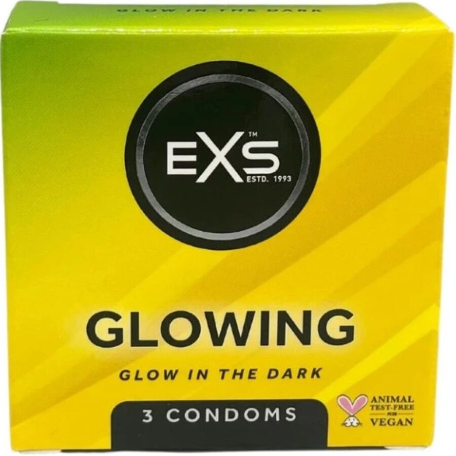 Gelb-grüne Schachtel mit EXS-Logo und der Aufschrift "Glowing Condoms". Enthält 3 Kondome.